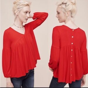 Anthropologie Eri + Ali Red BabyDoll‎ Top Size S Flowy Boho Oversize Back Button